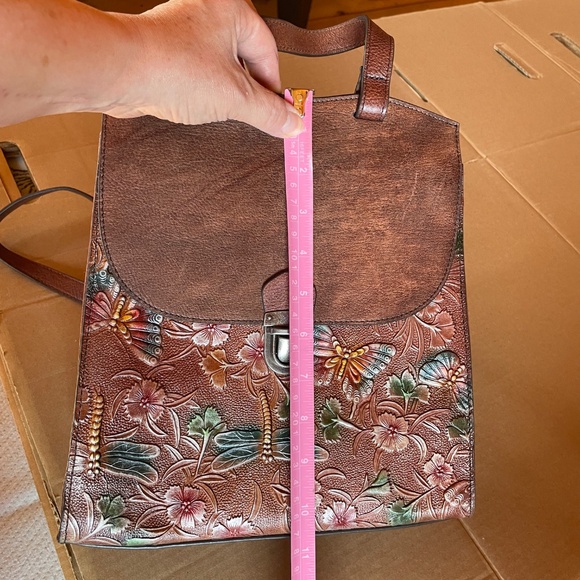 NWOT Brown Embossed Leather Backpack - Picture 6 of 11